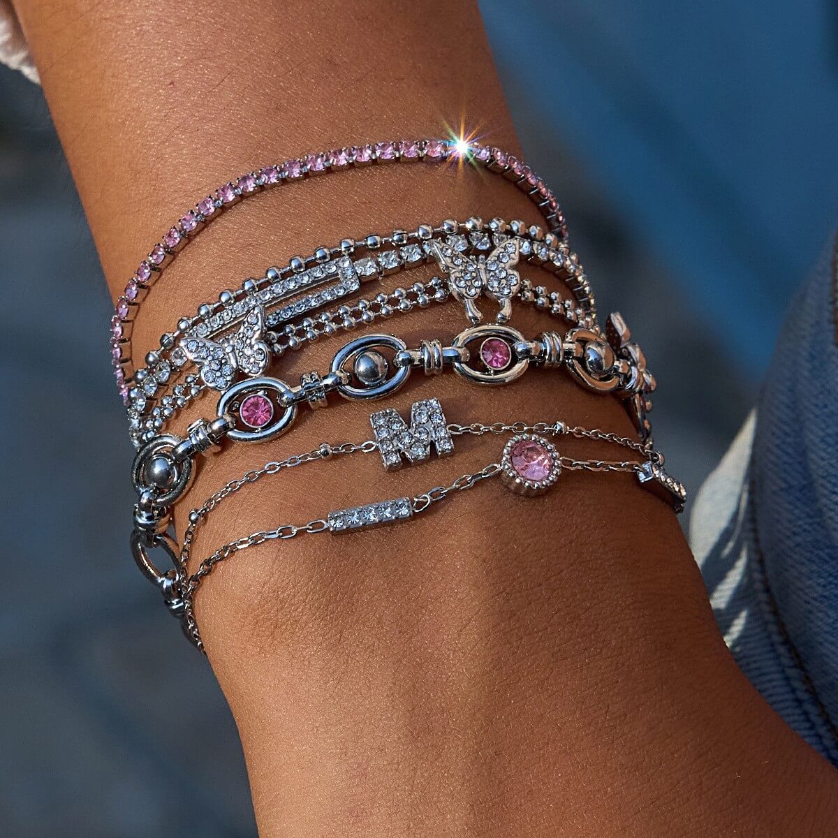 18K Gold Plated Butterfly & Crystal Bracelet Stack Set