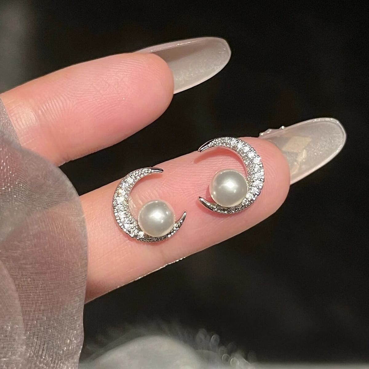 Crescent Moon Pearl CZ Stud Earrings