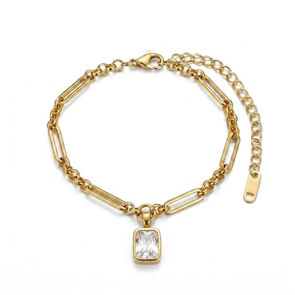 Waterproof Paperclip Chain Solitaire CZ Charm Bracelet