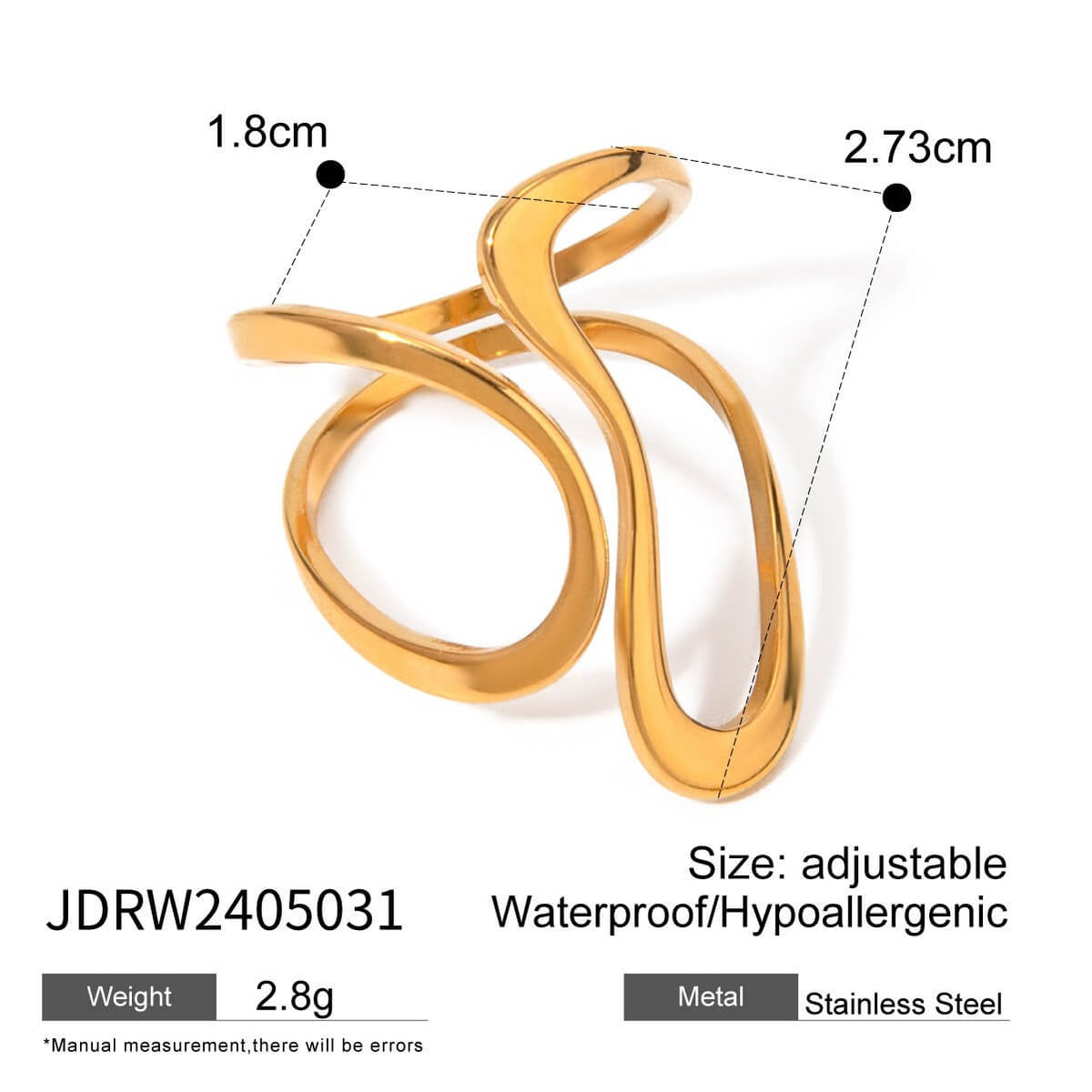 Waterproof Sculptural Wave Open Rings
