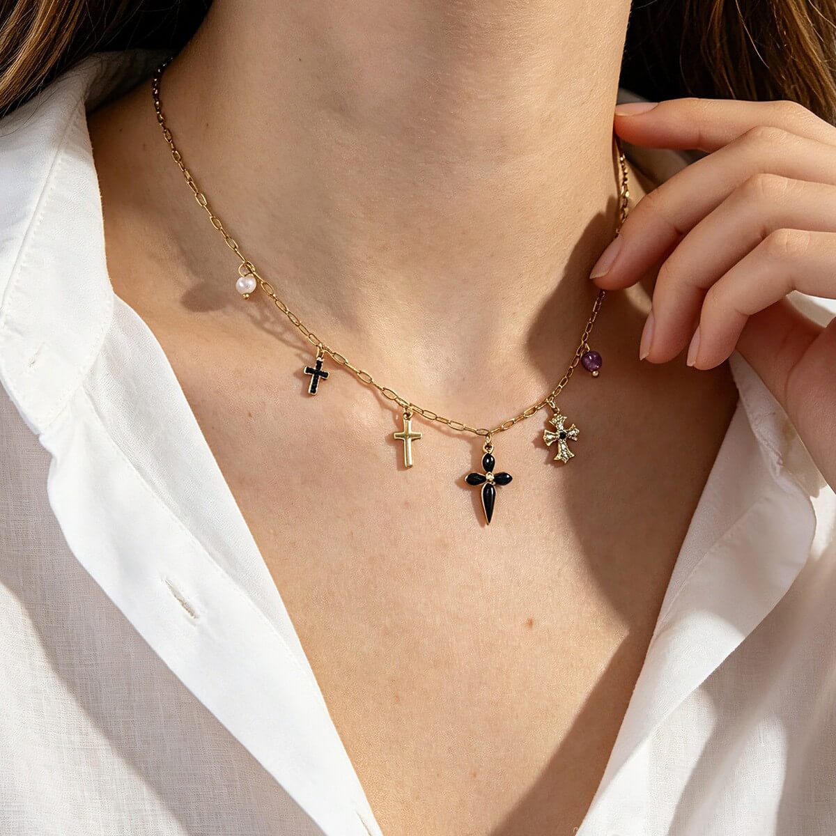 Vintage Multi Cross Charm Choker Necklace