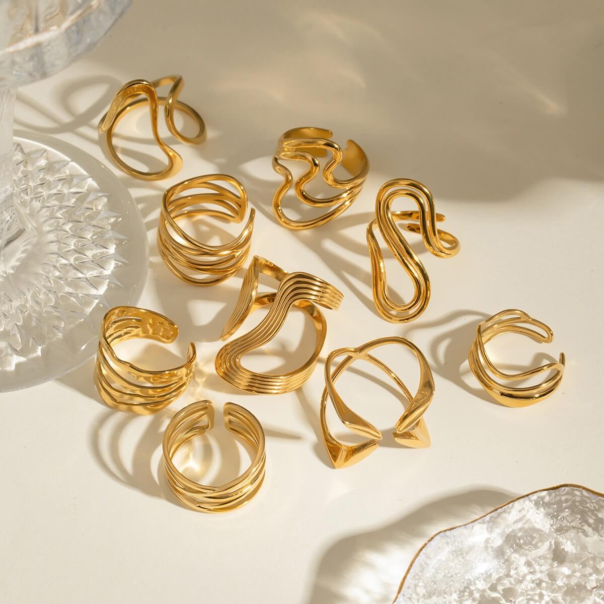 Waterproof Sculptural Wave Open Rings