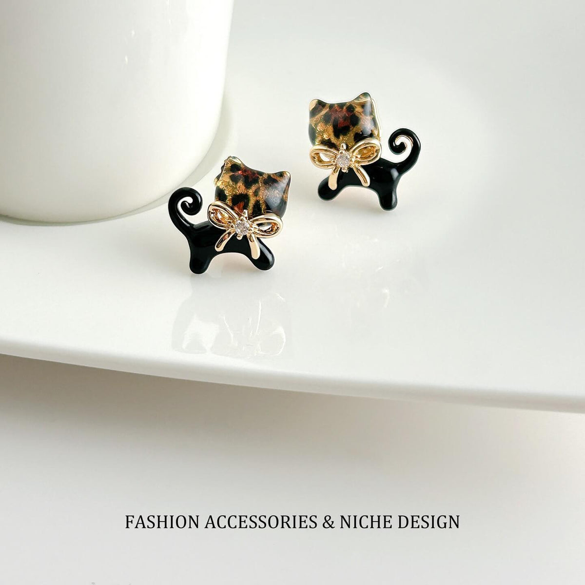 Leopard Print Cat Bowknot Stud Earrings