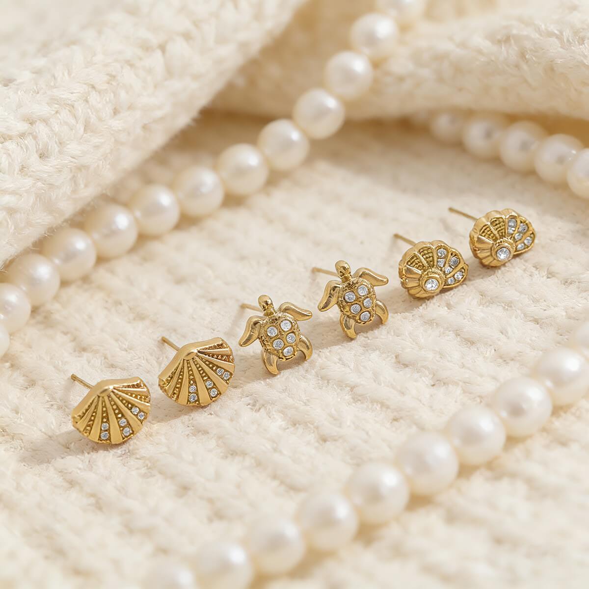Ocean Crystal Shell & Sea Turtle Stud Earrings