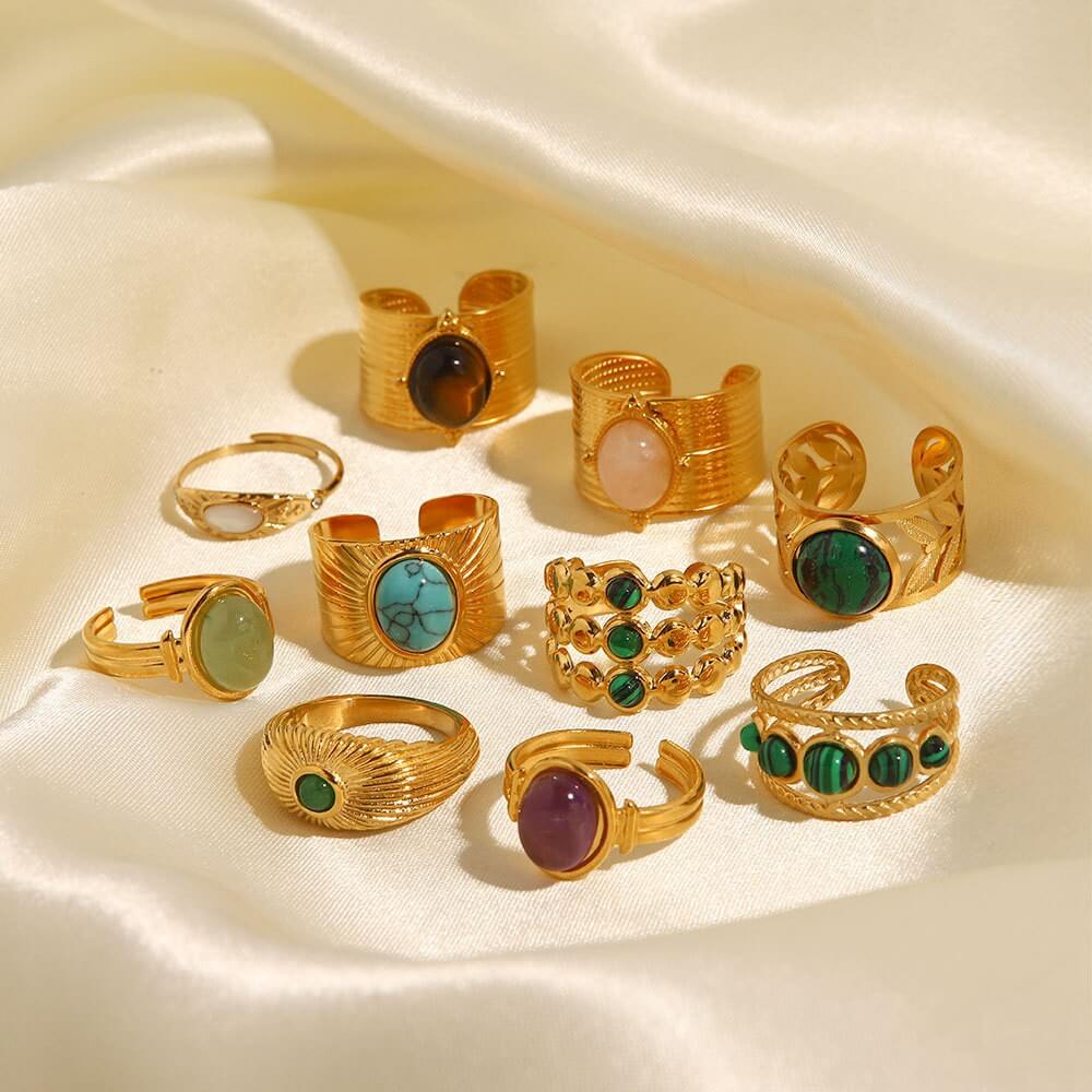 Vintage Natural Gemstone Textured Open Ring