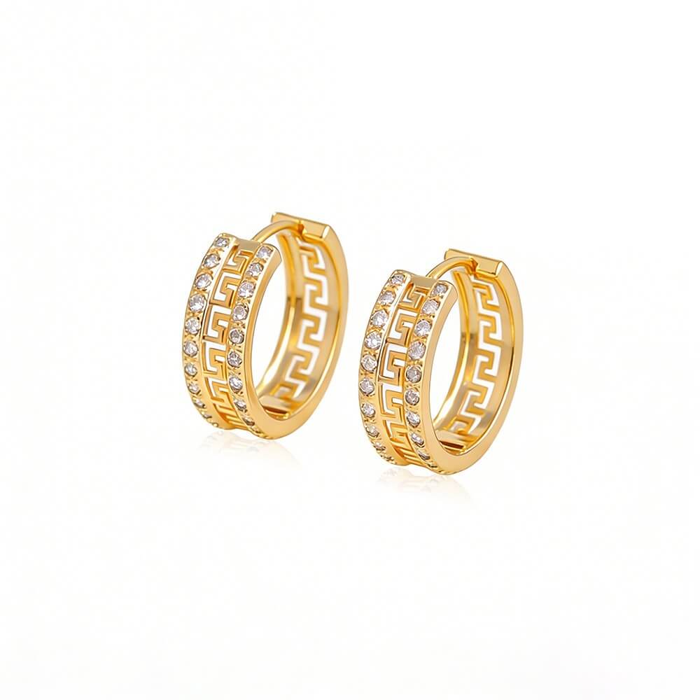 14K Gold Plated Brass Vintage Greek Key CZ Hoop Earrings