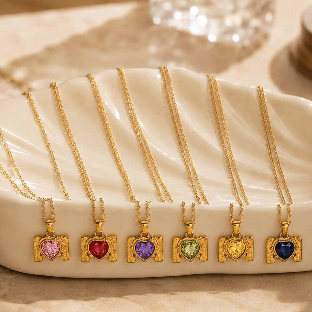 Retro Framed Heart CZ Birthstone Necklace