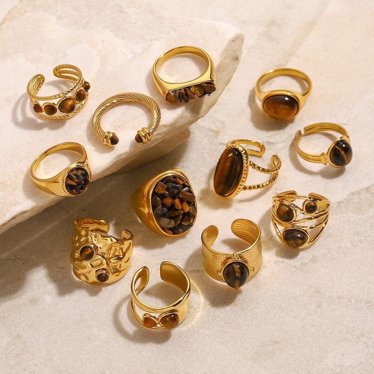 Natural Tiger's Eye Rings - 18K Gold Plated Stainless Steel