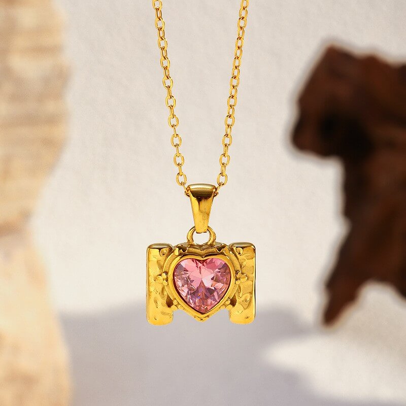 Retro Framed Heart CZ Birthstone Necklace