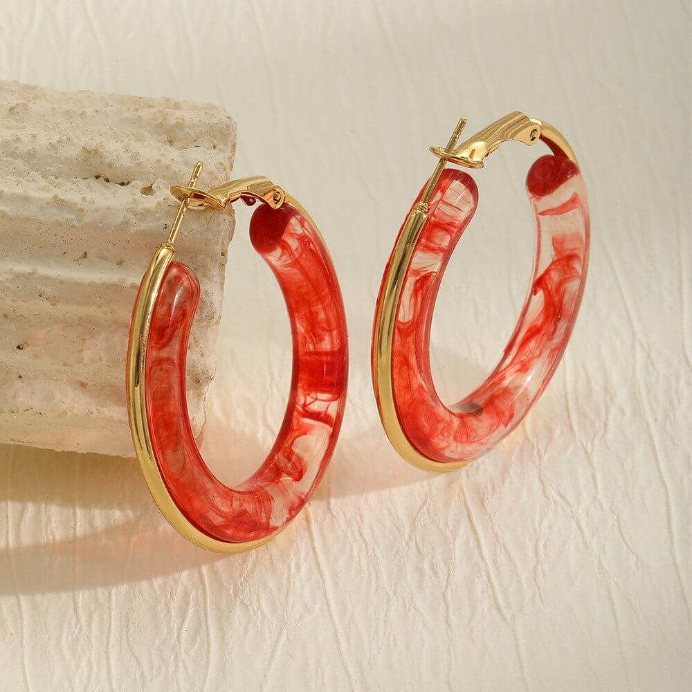 Chunky Resin Hoop Earrings 18K Gold Stainless Steel