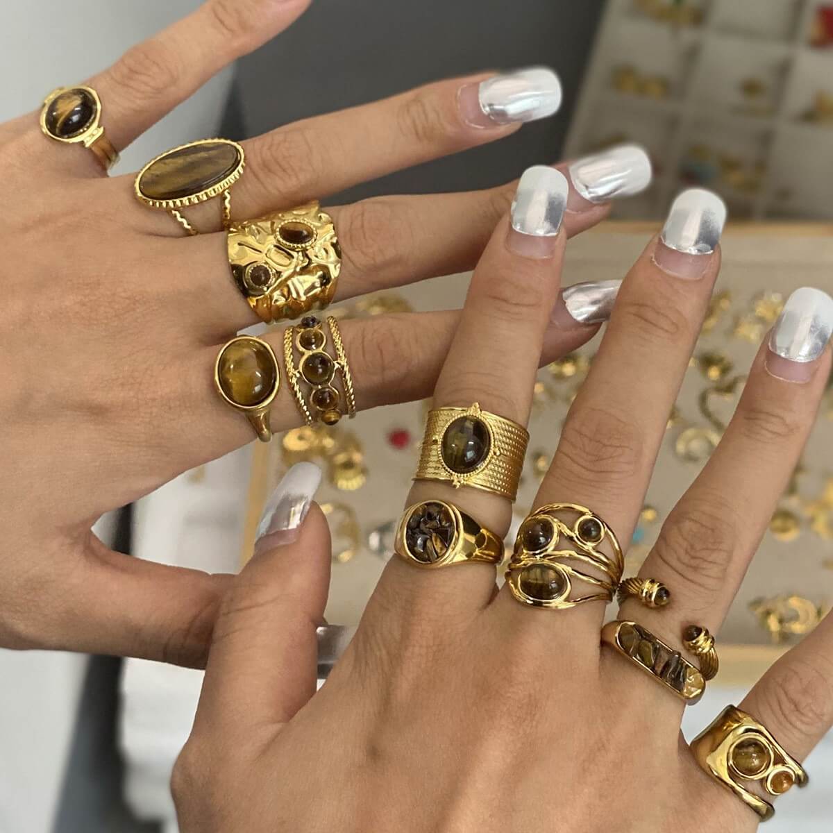 Natural Tiger's Eye Rings - 18K Gold Plated Stainless Steel
