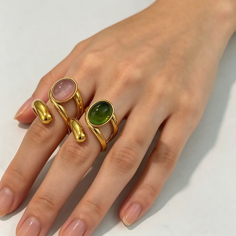 18K Gold Oval Gemstone Bypass Open Ring