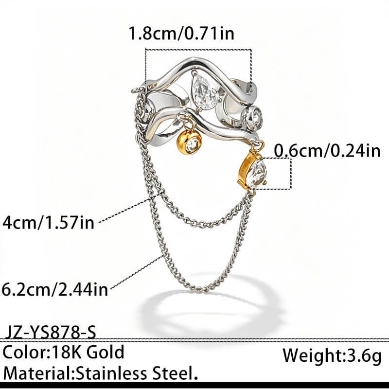 18K Gold Wavy CZ Dangle Chain Ring