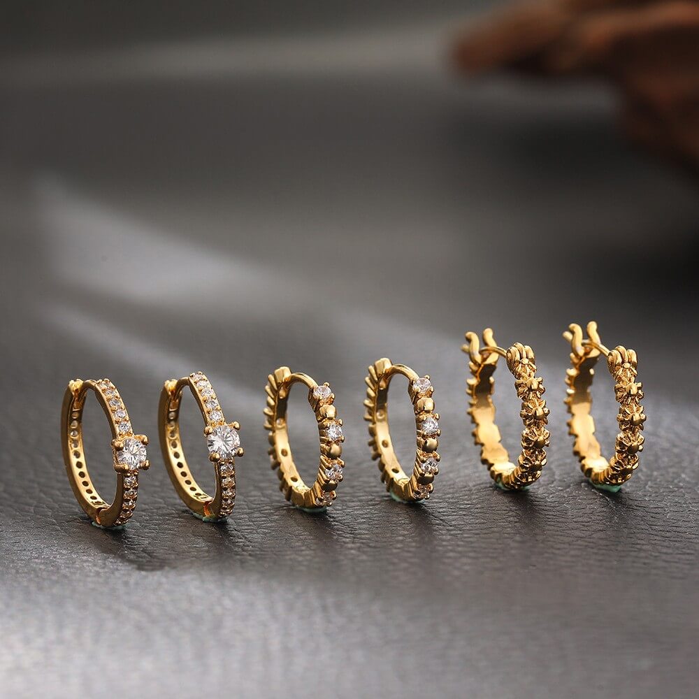Dainty Textured CZ Huggie Hoop Earrings - 18K Gold Plated Brass