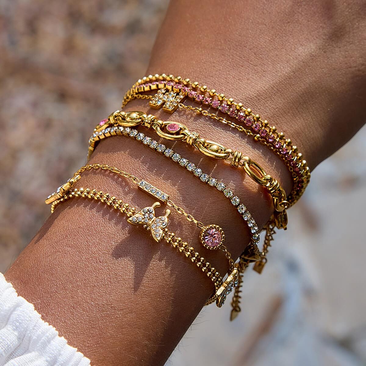 18K Gold Plated Butterfly & Crystal Bracelet Stack Set