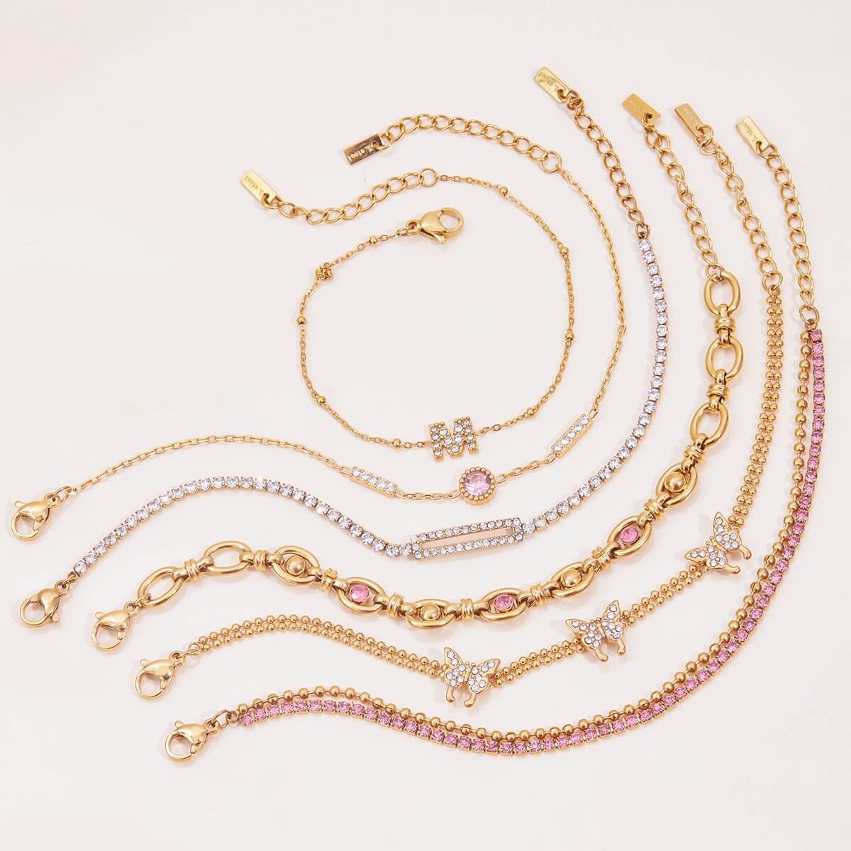 18K Gold Plated Butterfly & Crystal Bracelet Stack Set