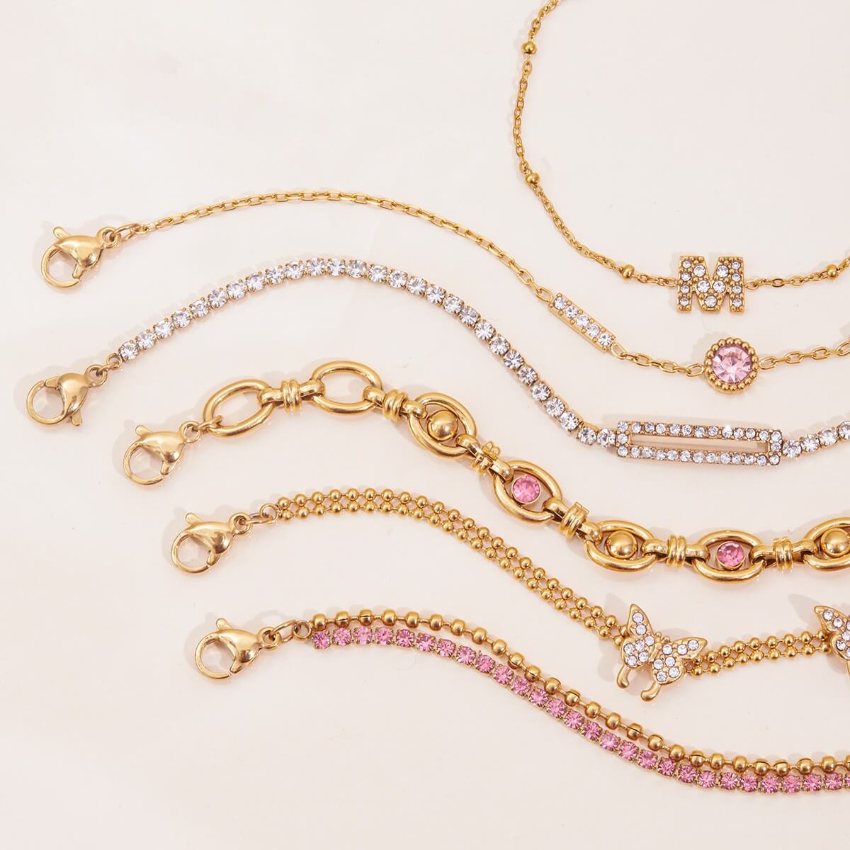 18K Gold Plated Butterfly & Crystal Bracelet Stack Set