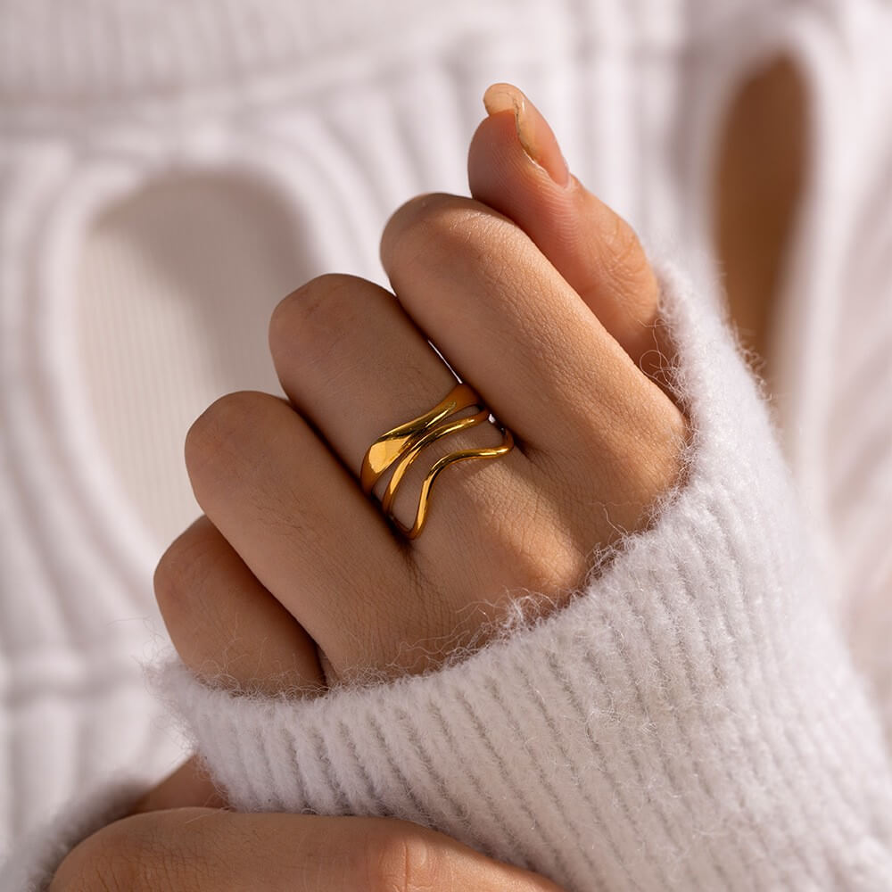 Waterproof Sculptural Wave Open Rings