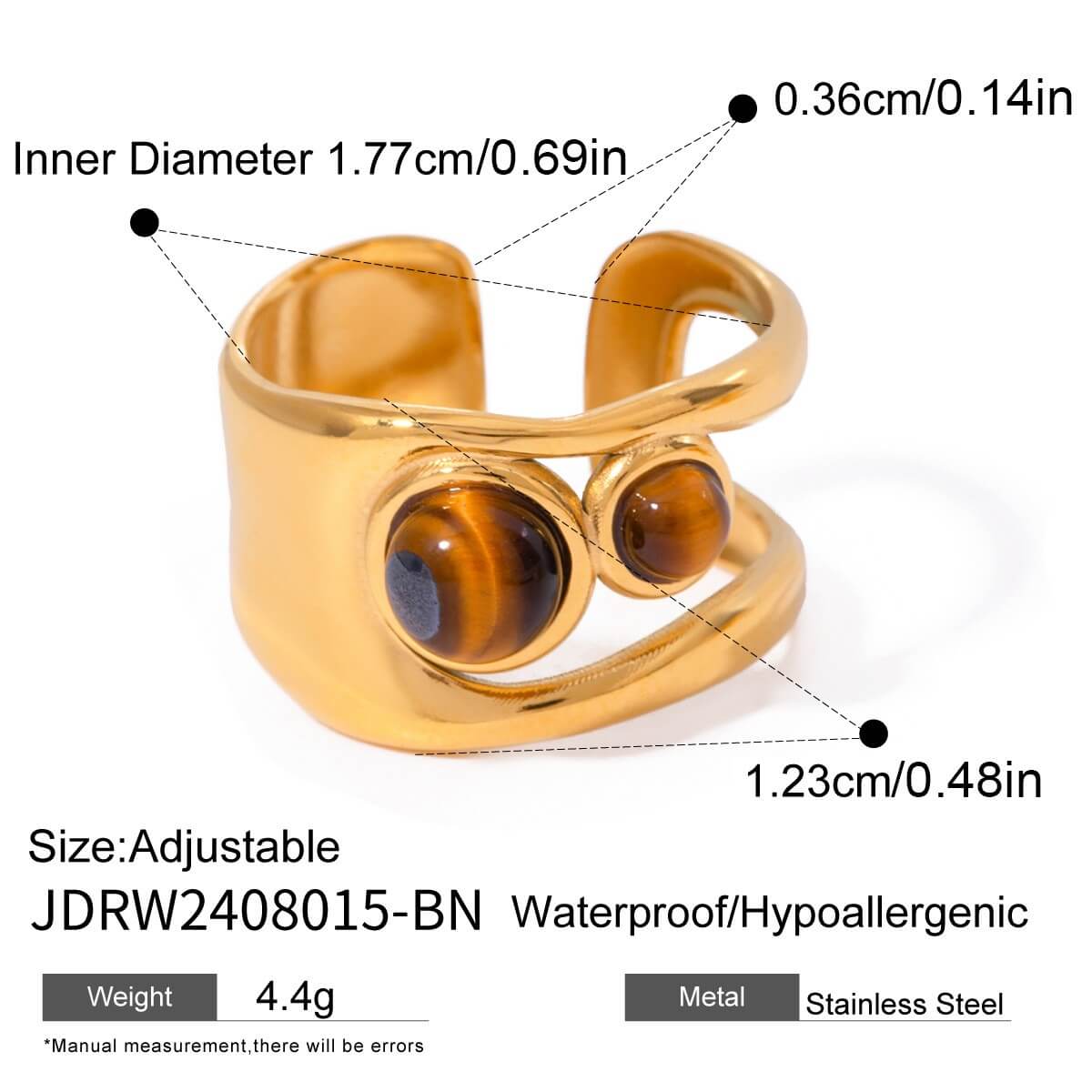 Natural Tiger's Eye Rings - 18K Gold Plated Stainless Steel