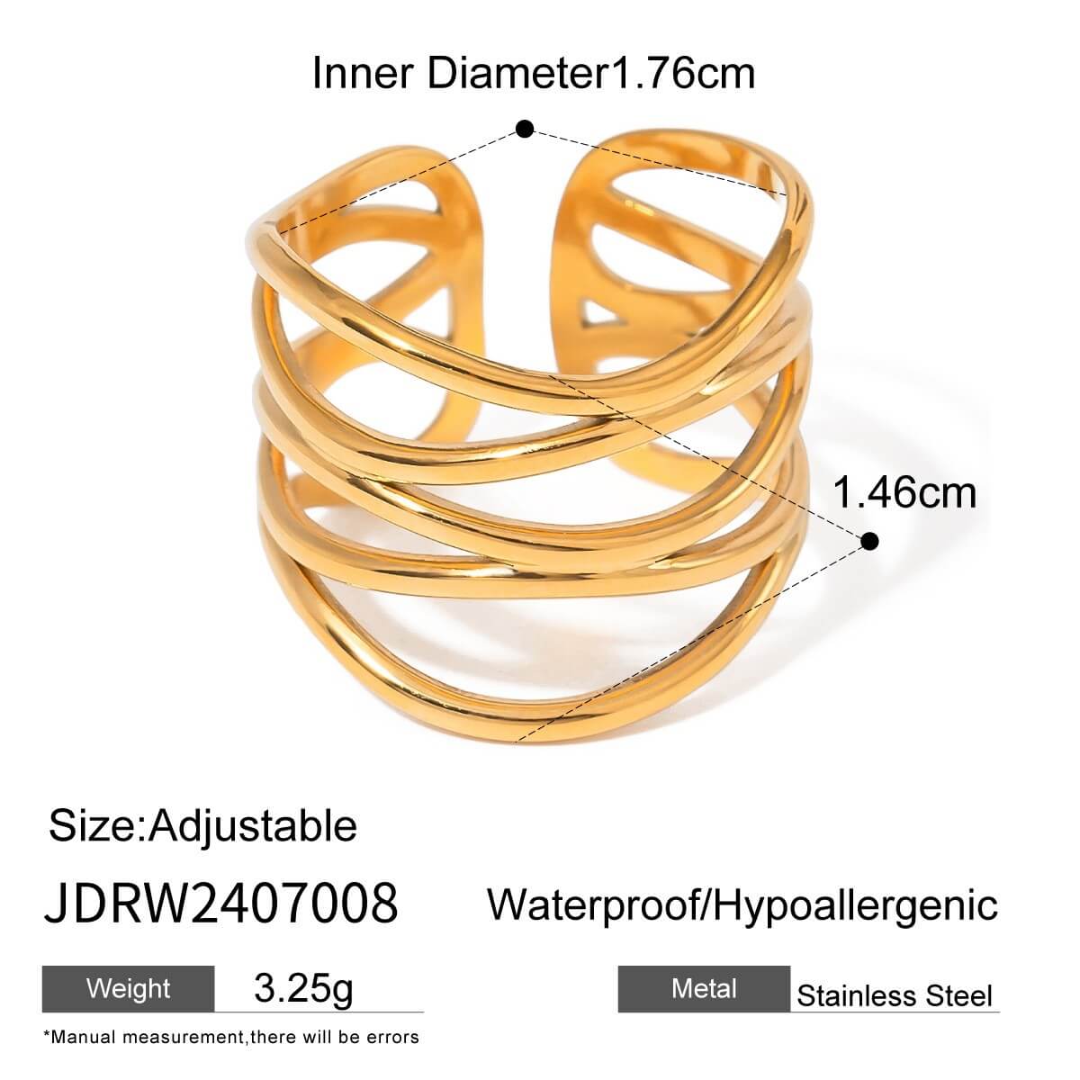 Waterproof Sculptural Wave Open Rings