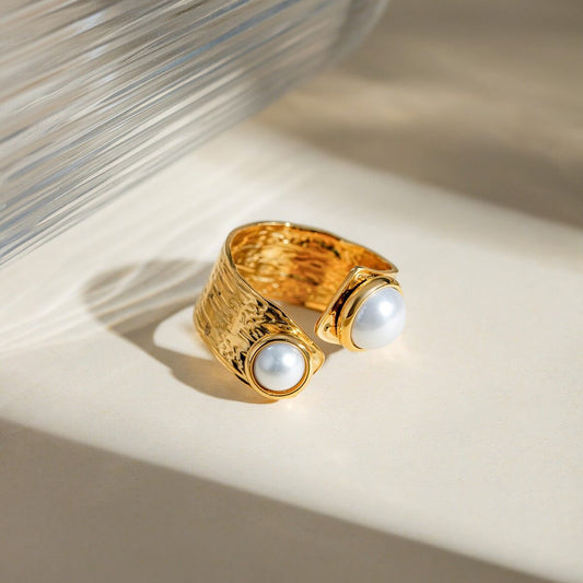 Hammered Pearl Open Ring - 18K Gold Plated Stainless Steel