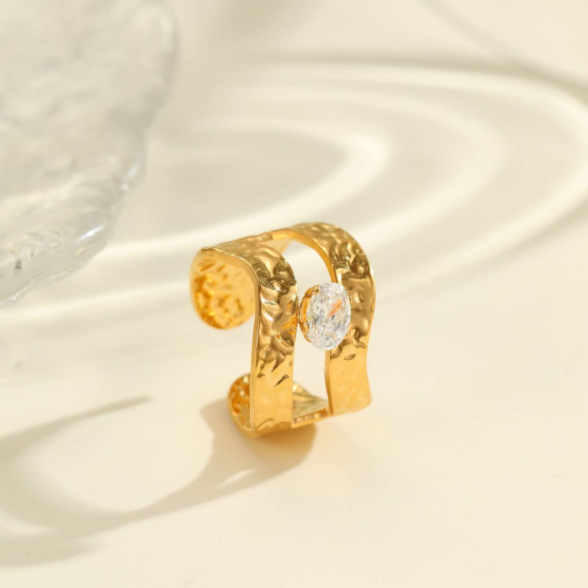 18K Gold Hammered Crystal Open Ring