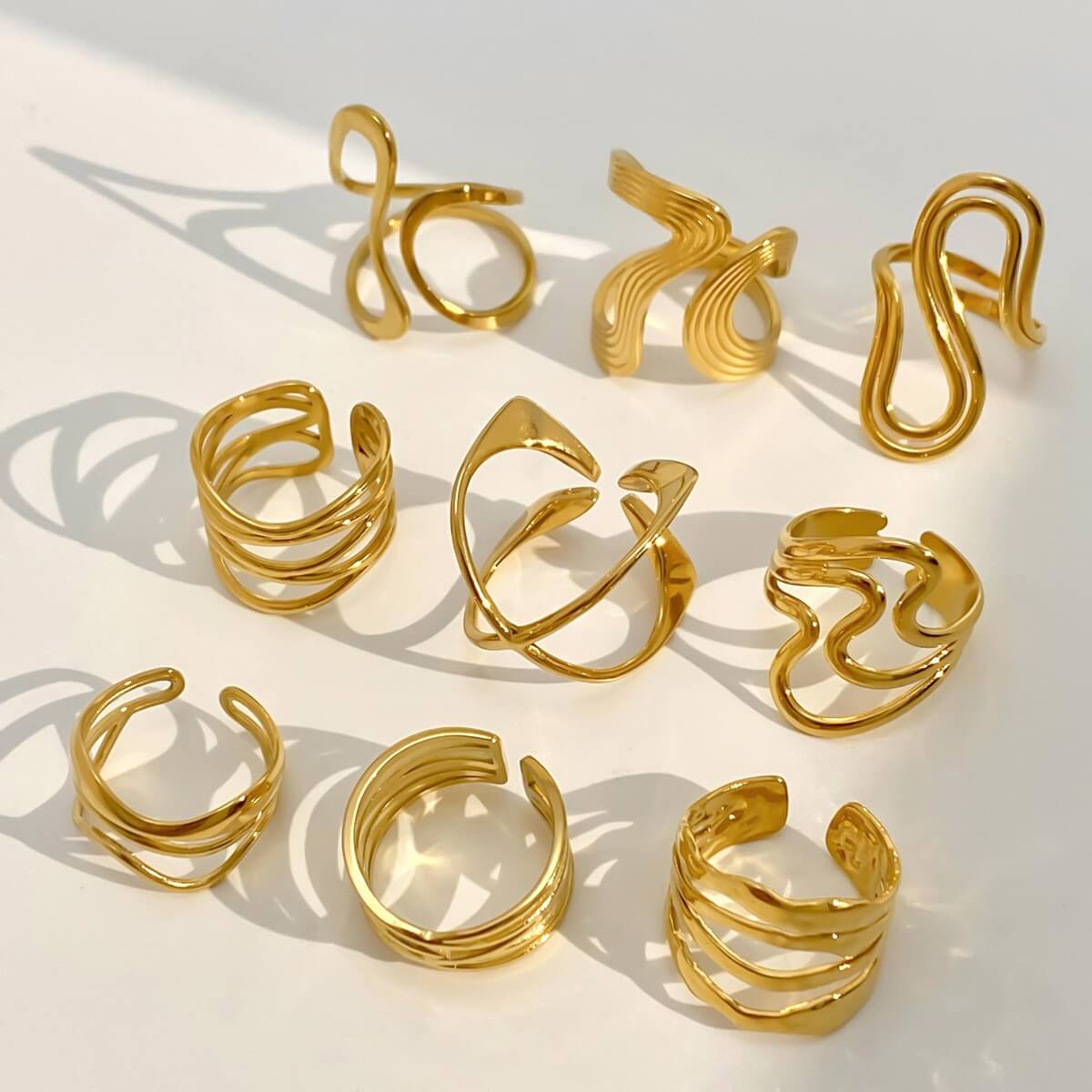 Waterproof Sculptural Wave Open Rings