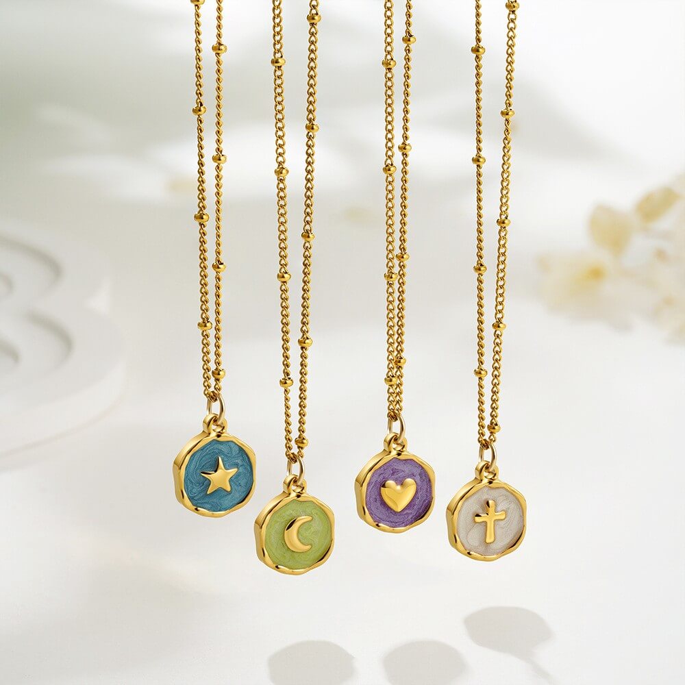 18K Gold Plated Stainless Steel Enamel Coin Pendant Necklace