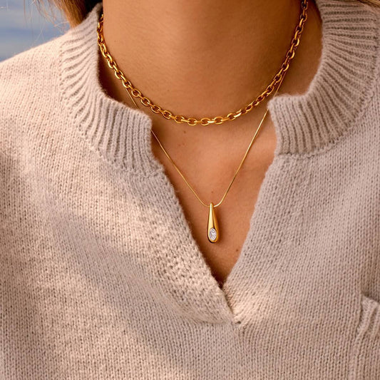 Waterproof Chunky Chain Teardrop Zircon Necklace