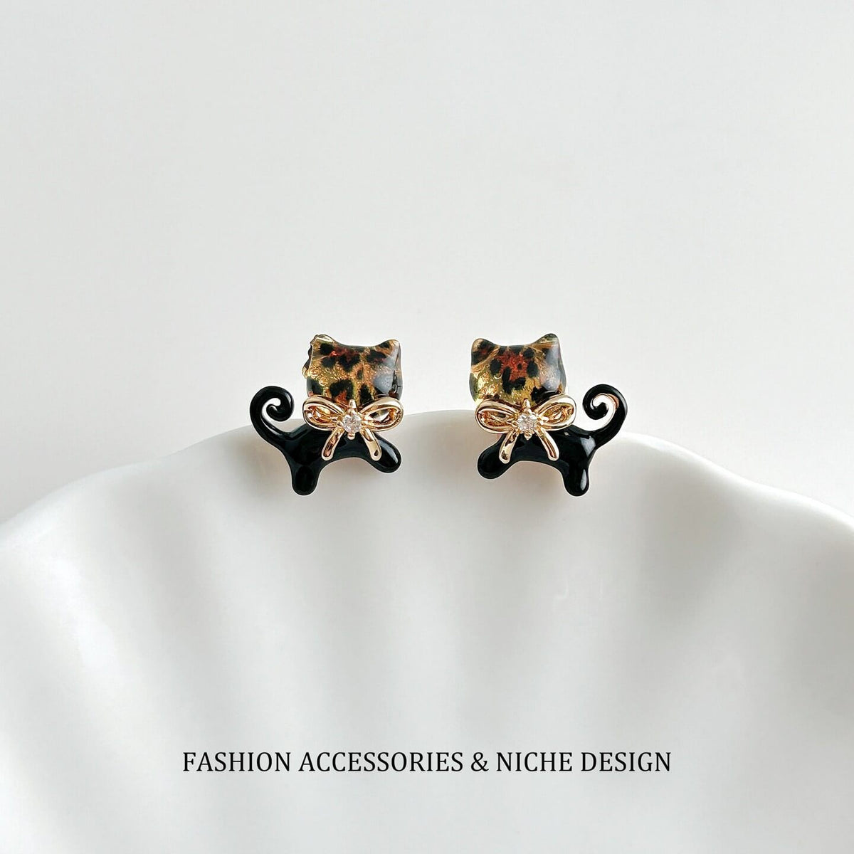 Leopard Print Cat Bowknot Stud Earrings
