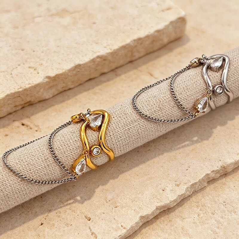 18K Gold Wavy CZ Dangle Chain Ring