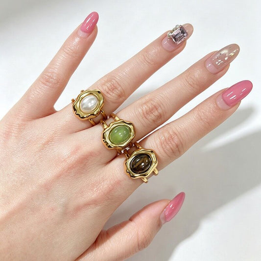 Waterproof Natural Gemstone & Pearl Molten Open Ring
