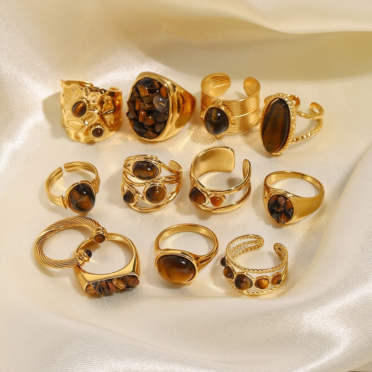 Natural Tiger's Eye Rings - 18K Gold Plated Stainless Steel