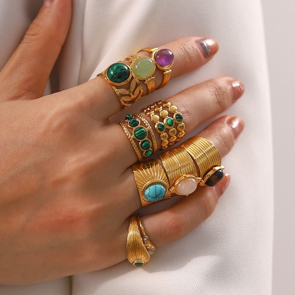 Vintage Natural Gemstone Textured Open Ring