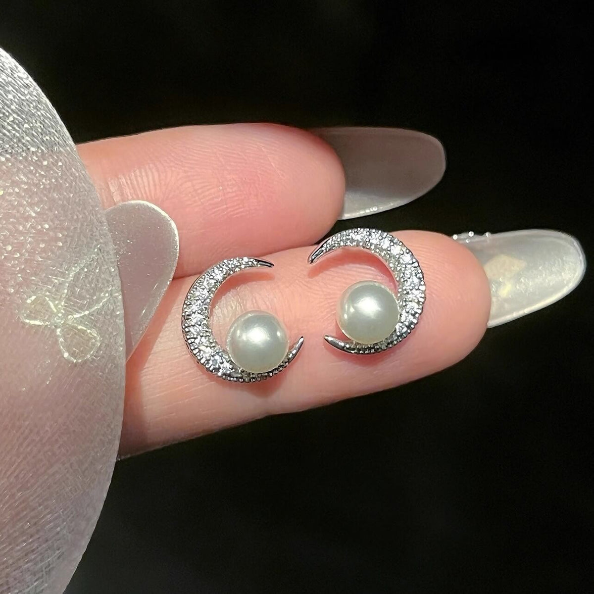 Crescent Moon Pearl CZ Stud Earrings