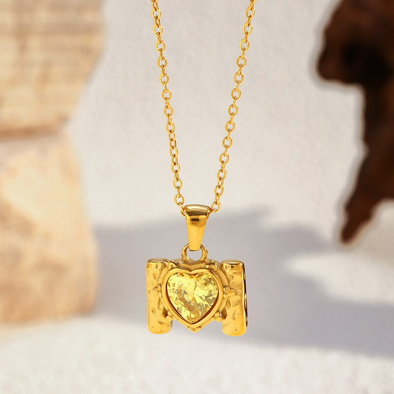 Retro Framed Heart CZ Birthstone Necklace