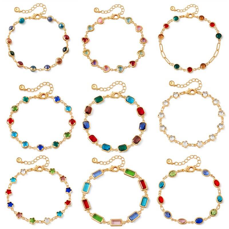 Colorful Crystal Charm Chain Brass Bracelet