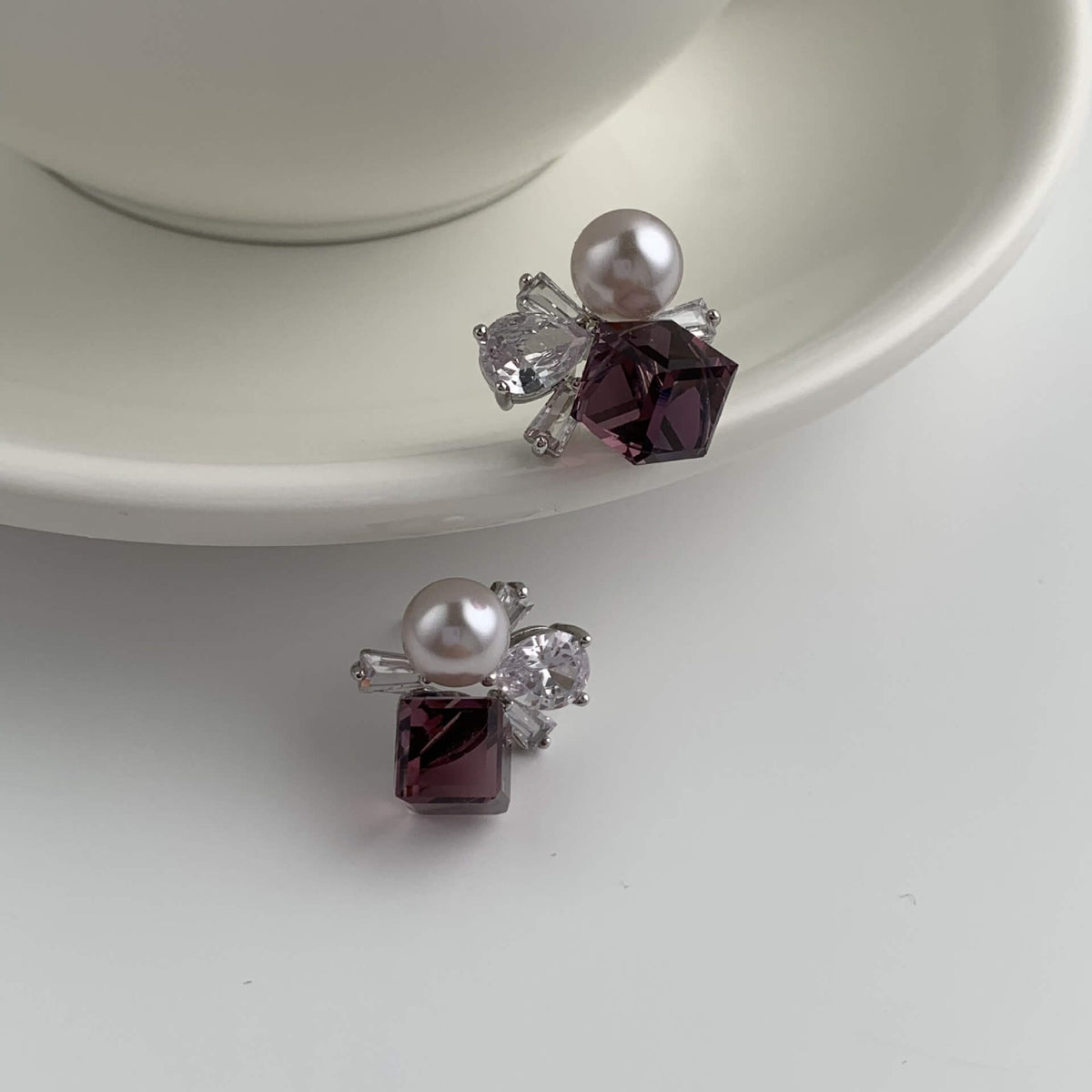 Geometric Cube Crystal & Pearl Cluster Stud Earrings