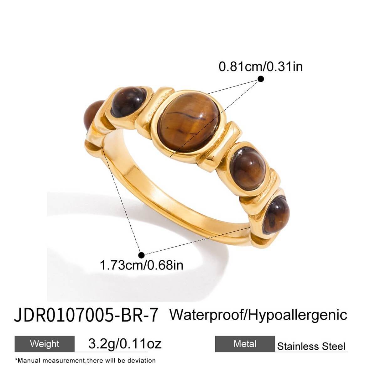 Natural Tiger's Eye Rings - 18K Gold Plated Stainless Steel