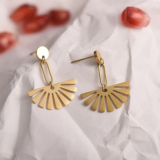 Golden Sunburst Fan Drop Earrings