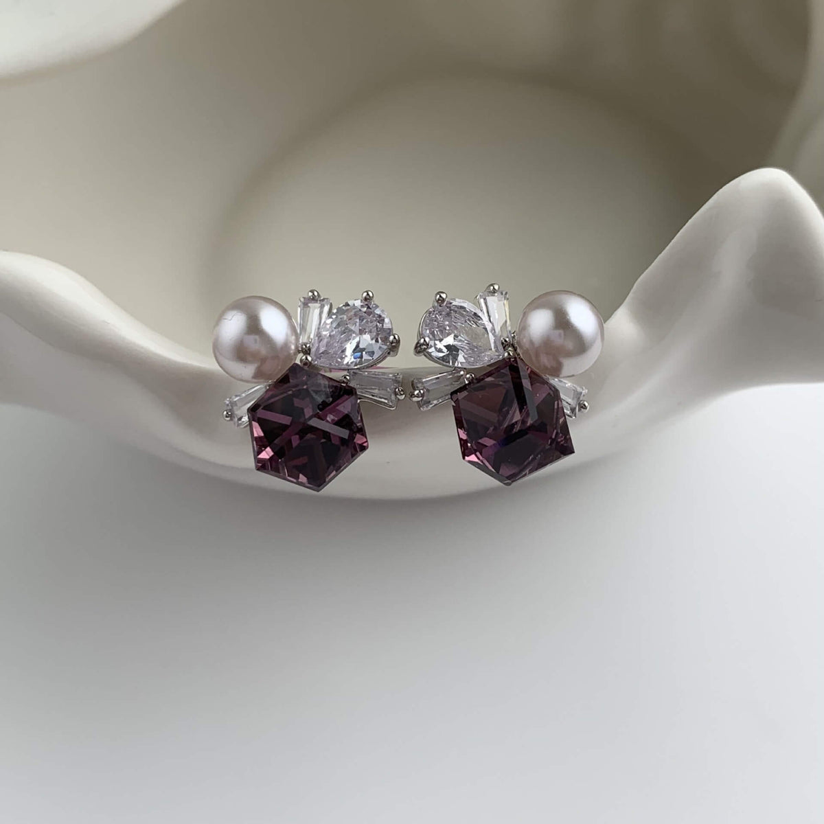 Geometric Cube Crystal & Pearl Cluster Stud Earrings