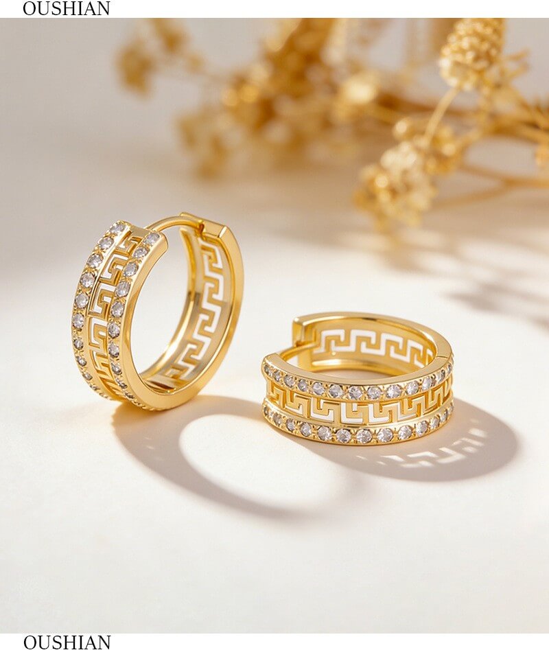 14K Gold Plated Brass Vintage Greek Key CZ Hoop Earrings