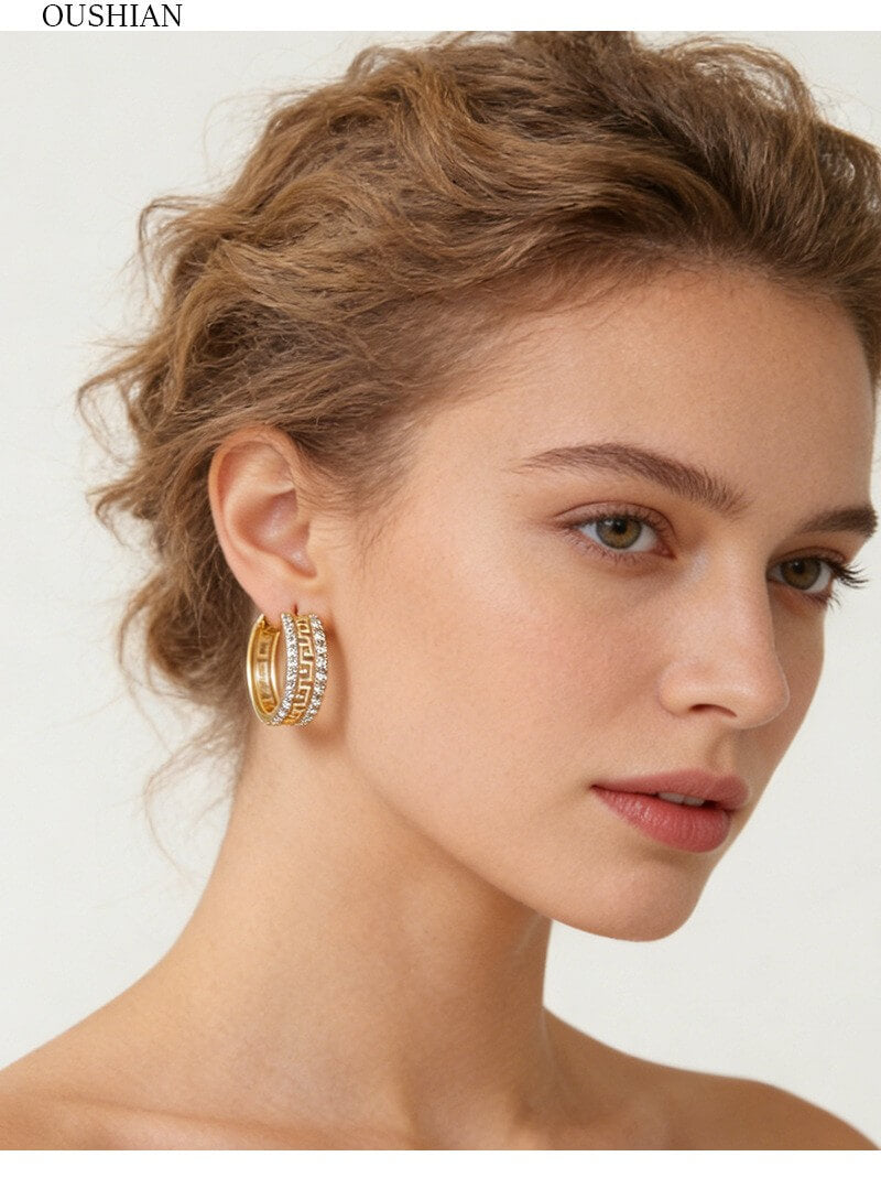 14K Gold Plated Brass Vintage Greek Key CZ Hoop Earrings