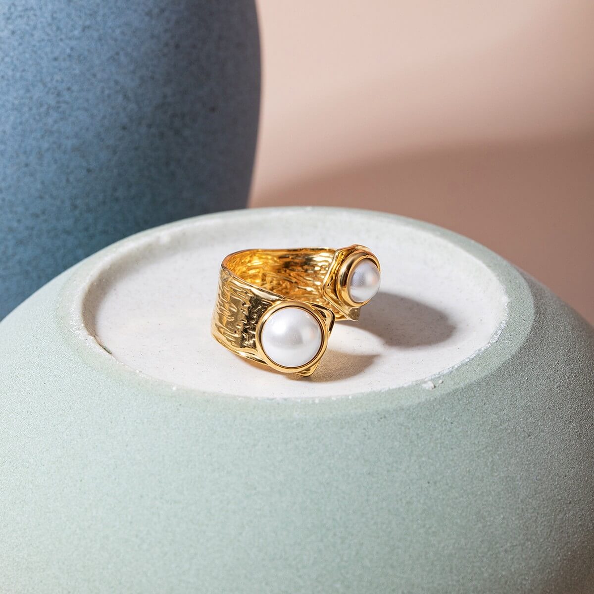 Hammered Pearl Open Ring - 18K Gold Plated Stainless Steel