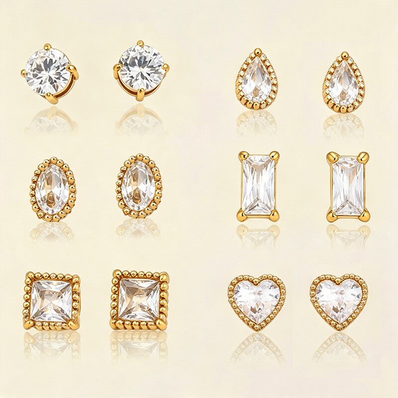 18K Gold CZ Geometric Stud Earrings