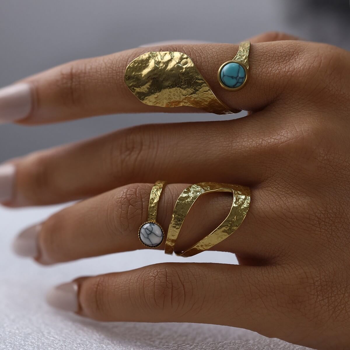 Boho Natural Stone Hammered Open Ring