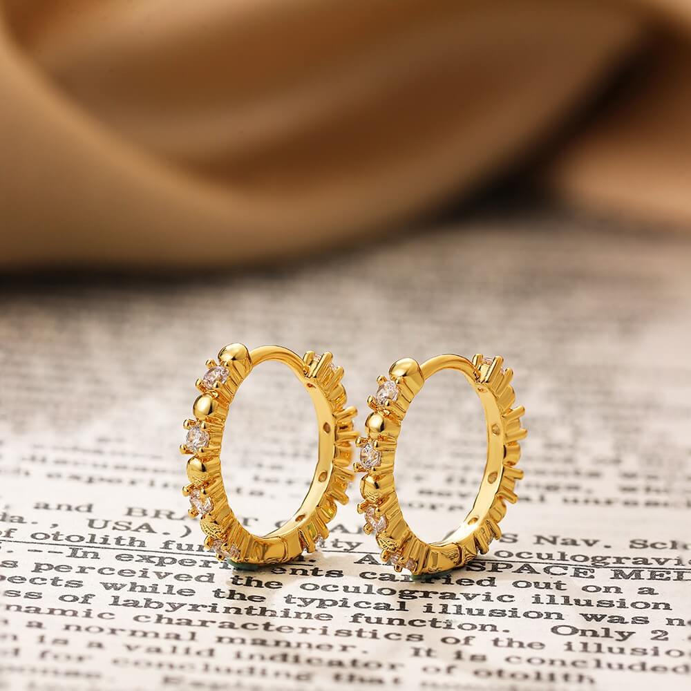 Dainty Textured CZ Huggie Hoop Earrings - 18K Gold Plated Brass