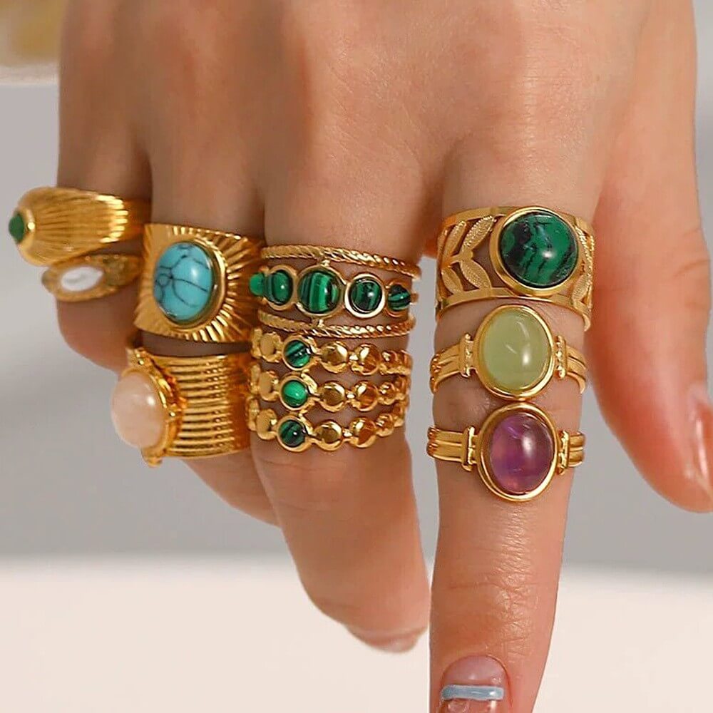 Vintage Natural Gemstone Textured Open Ring