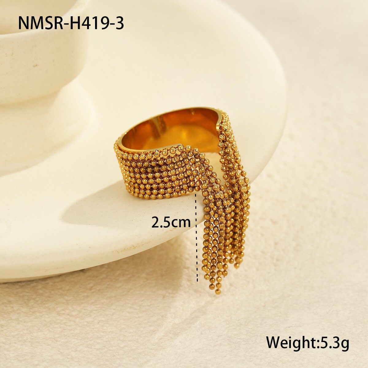 Waterproof Beaded Tassel Mesh Ring 18K Gold Plated