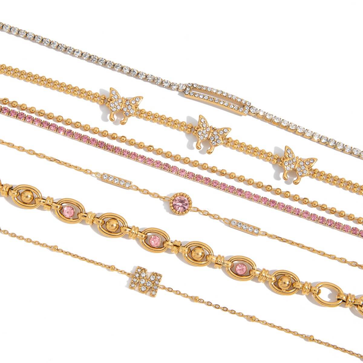 18K Gold Plated Butterfly & Crystal Bracelet Stack Set